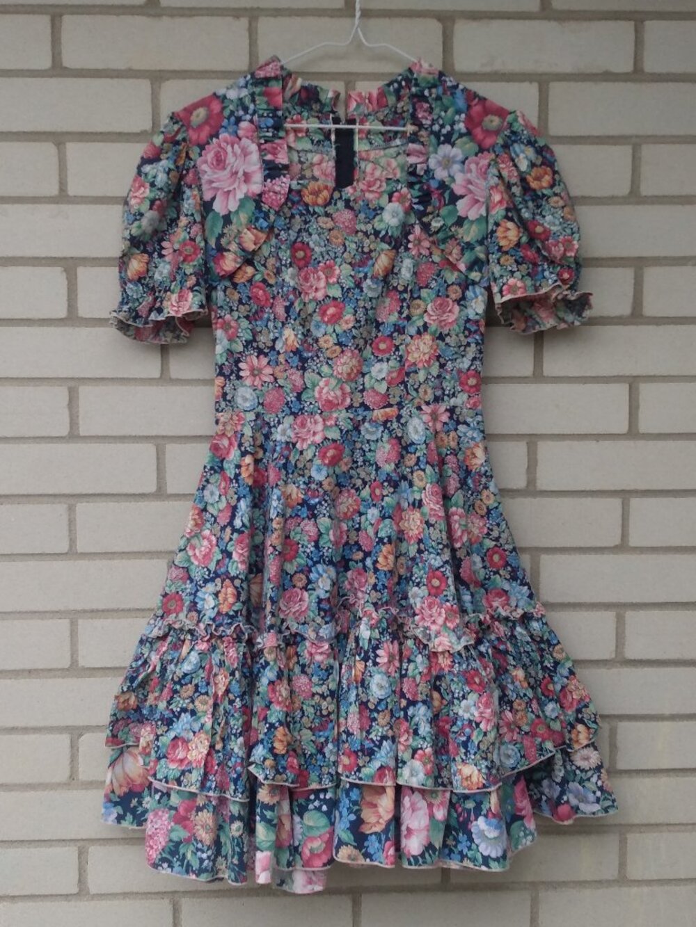 Vintage Square Dance Swing Dress Size XS Pink Blue Floral Ruffle Prairie Western